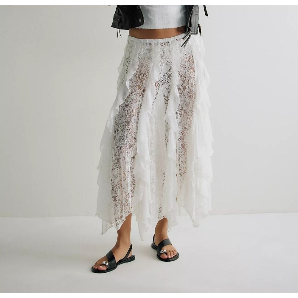 Free People Intimately Candy Calling Maxi Slip Skirt Lace Sheer Ivory L  289014